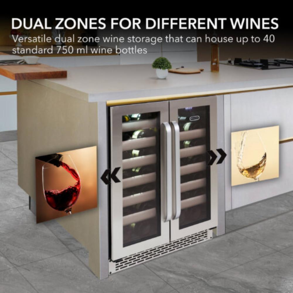 Seamless stainless steel dual zone wine fridge for kitchen