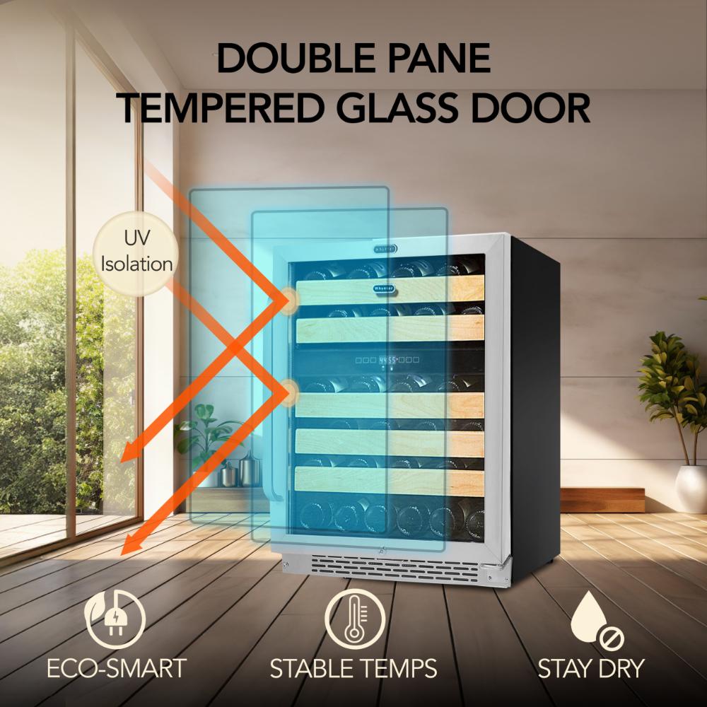 Luxury dual zone wine cooler with wood shelves