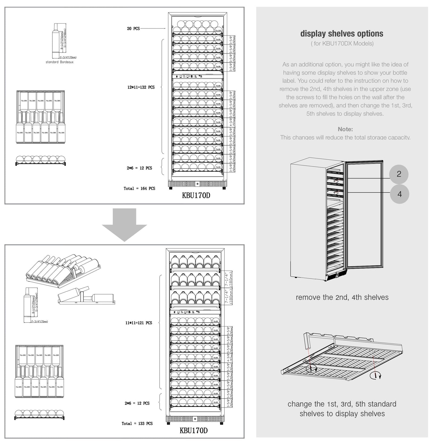  "Diagram of KingsBottle wine cooler bottle configuration, displaying 164 bottle capacity with designated sections for different bottle sizes, including larger bottles like Champagne."