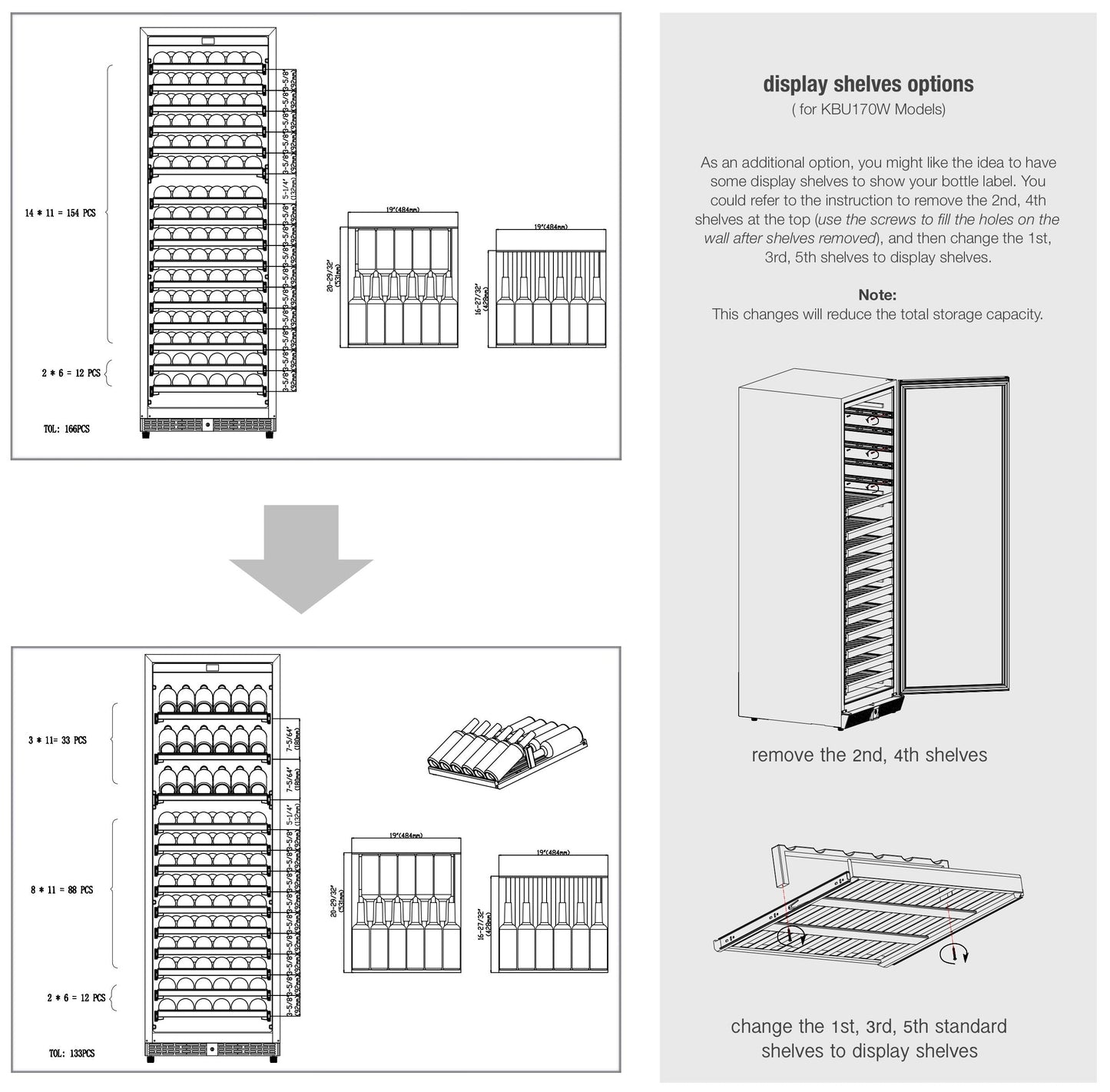 "Bottle configuration illustration displaying the wine cooler's layout, showcasing the storage capacity for 166 wine bottles."