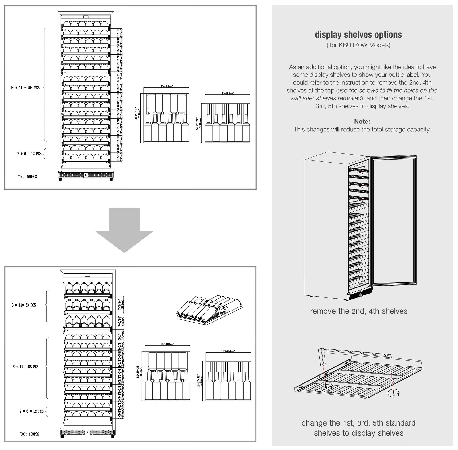 "Bottle configuration illustration displaying the wine cooler's layout, showcasing the storage capacity for 166 wine bottles."