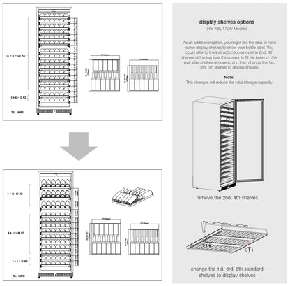 "Bottle configuration illustration displaying the wine cooler's layout, showcasing the storage capacity for 166 wine bottles."