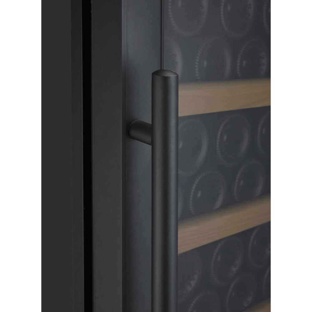 Sleek black wine refrigerator with soft LED lighting and smooth-glide shelves