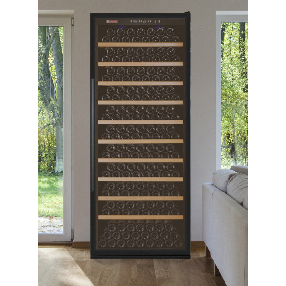 Freestanding wine refrigerator in living room with Tru-Vino cooling precision