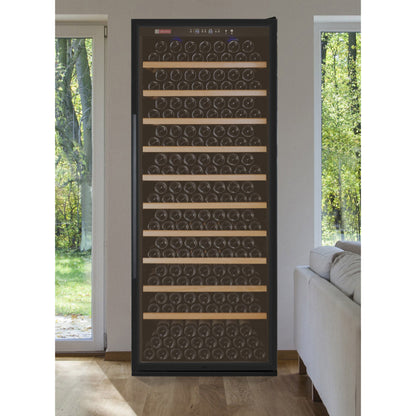 Freestanding wine refrigerator in living room with Tru-Vino cooling precision