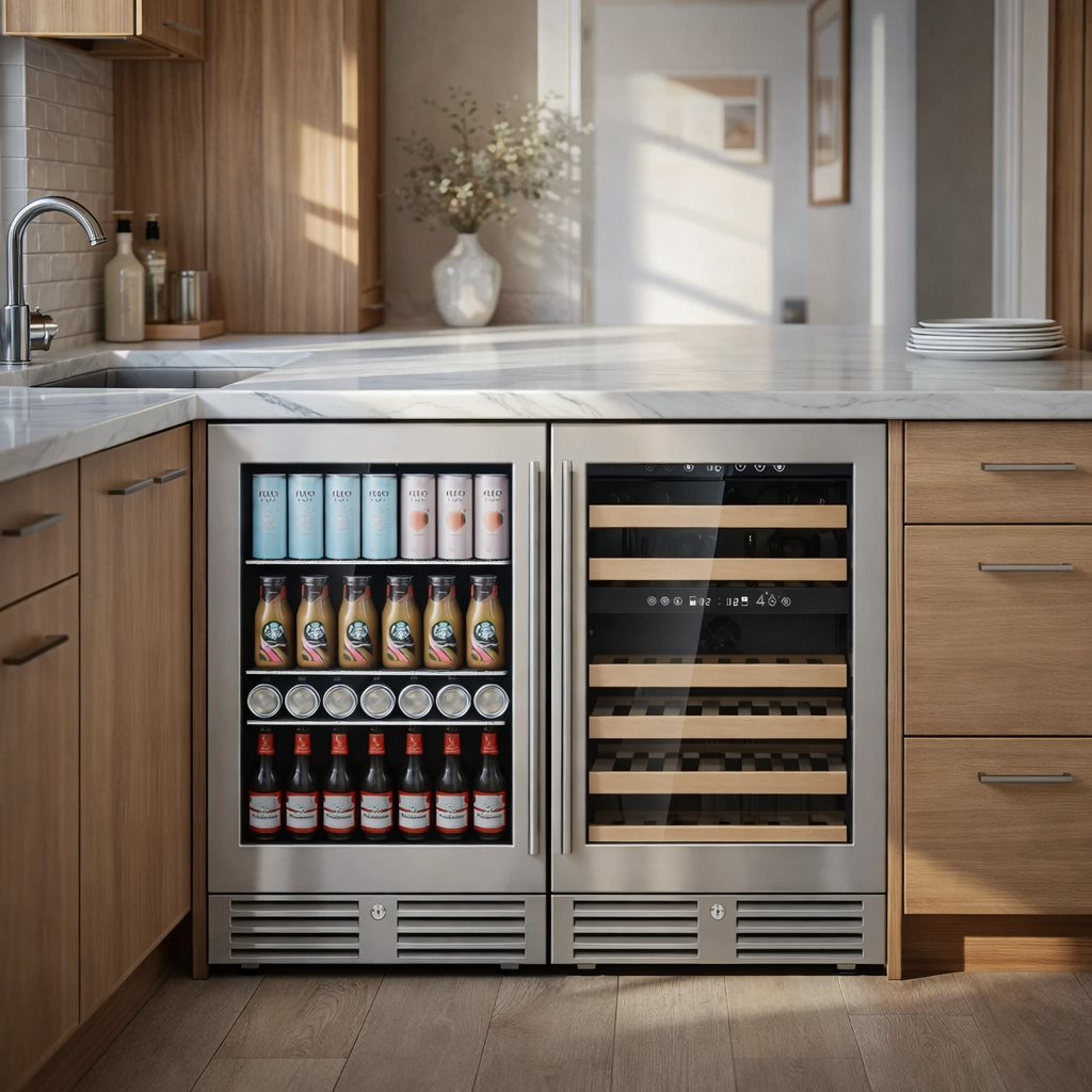Modern kitchen with a dual-door refrigerator filled with drinks and wine.
