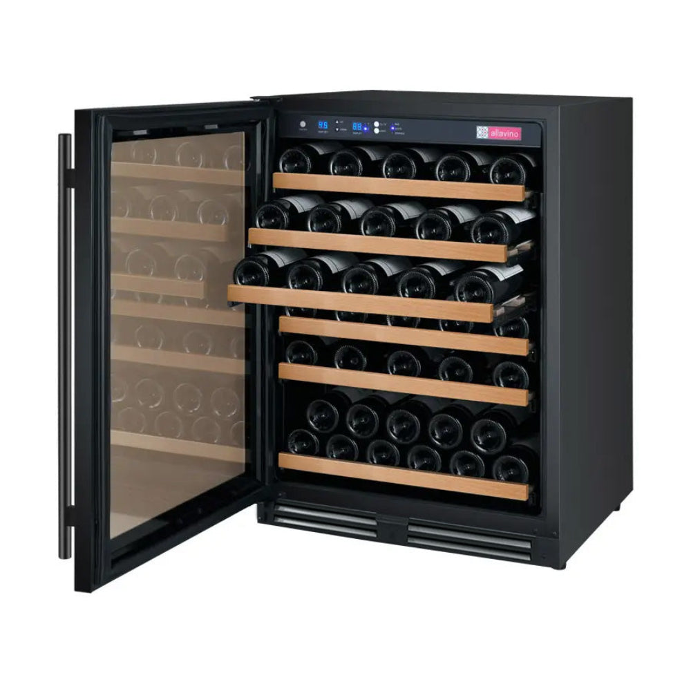 High-capacity single-zone wine fridge holding up to 56 bottles with space-saving FlexCount shelves shown with door open and fully stocked with wine