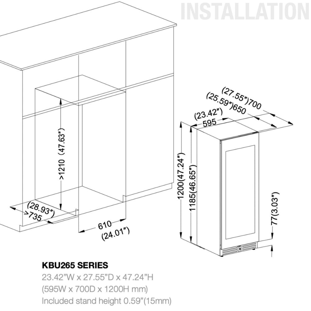 KingsBottle 47" Tall Single Zone Wine Cooler – Low-E Glass Door, Stainless Steel, Right Hinge