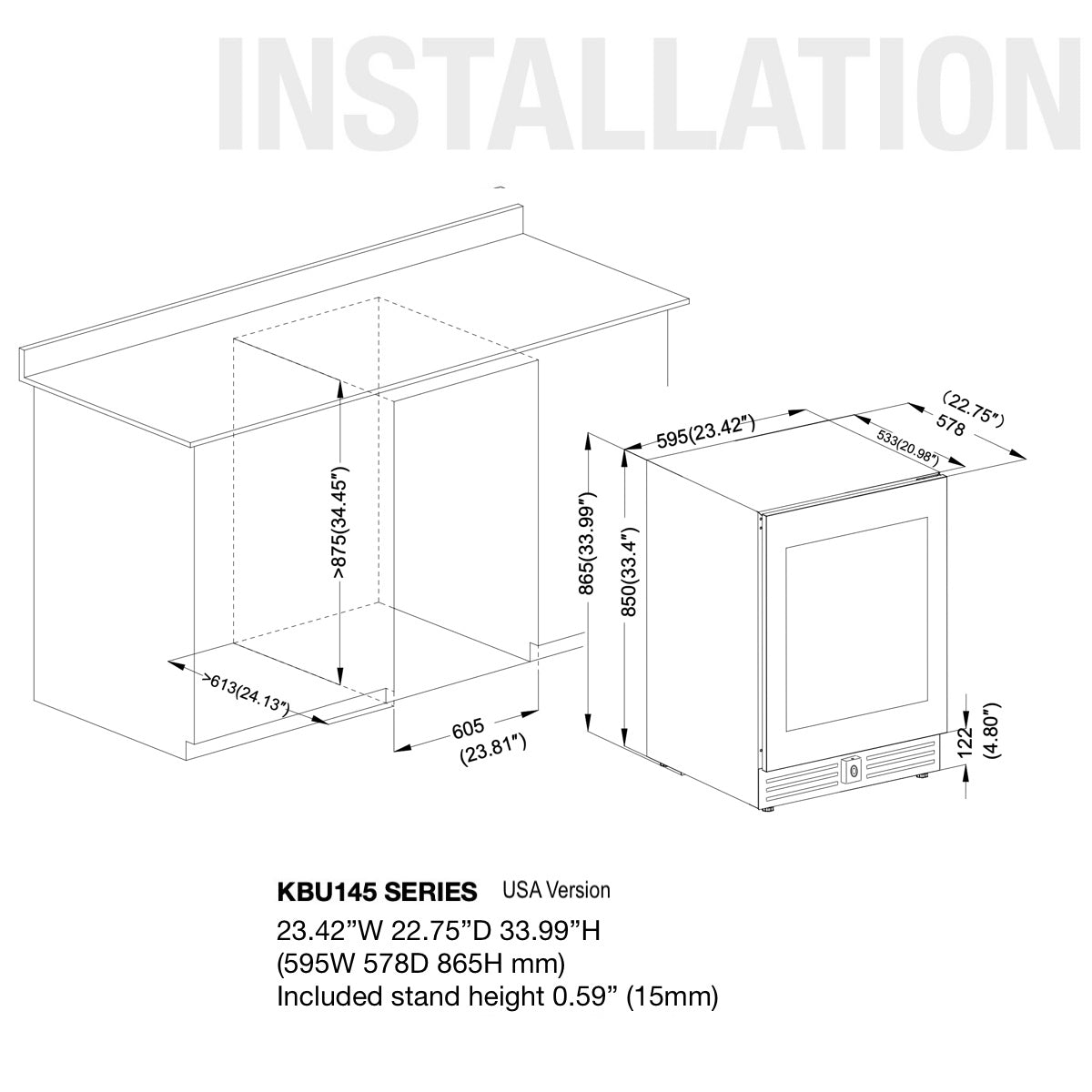 Detailed installation drawing of KingsBottle KBU145DX under-counter wine cooler, showing dimensions and necessary ventilation clearances.