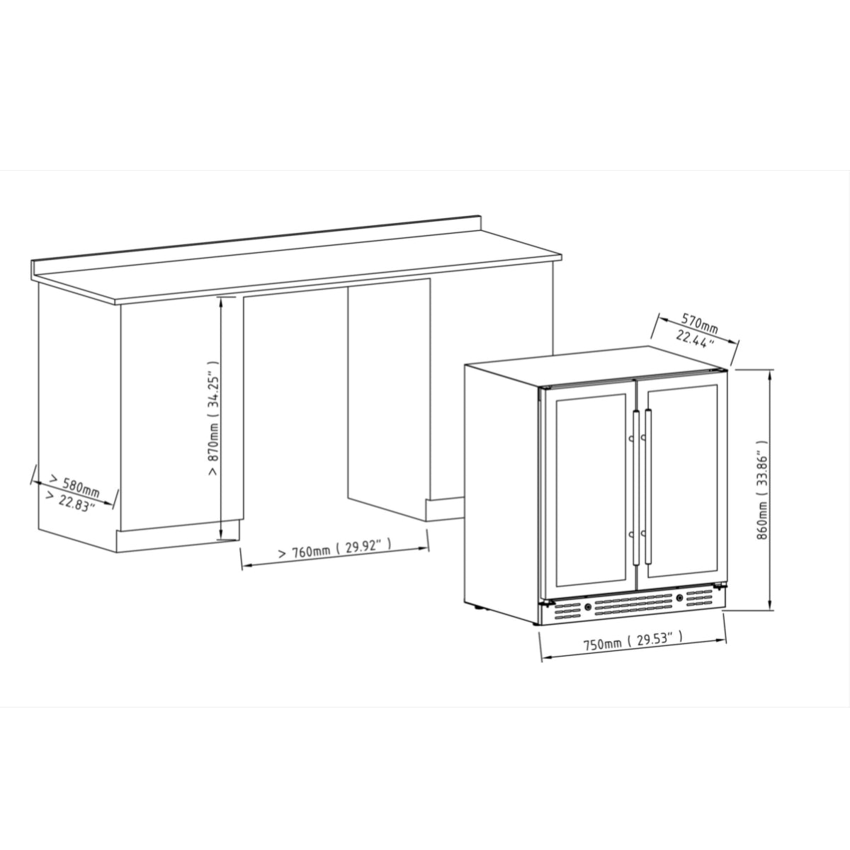 Technical drawing of the 30" beer and wine cooler, illustrating the detailed dimensions and installation clearances.