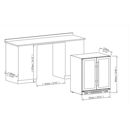 Technical drawing of the 30" beer and wine cooler, illustrating the detailed dimensions and installation clearances.