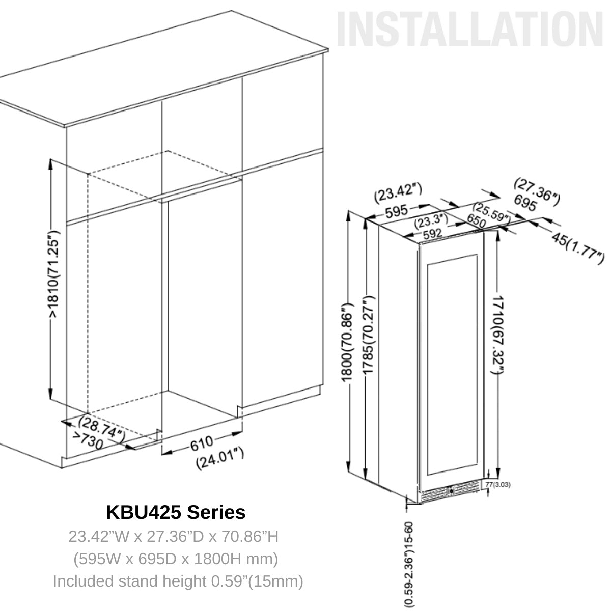 "Technical drawing of the KingsBottle Wine Cooler KBU425DX-SS LHH with dimensions: 23.42”W x 27.36”D x 70.86”H, including required clearance for built-in installations."