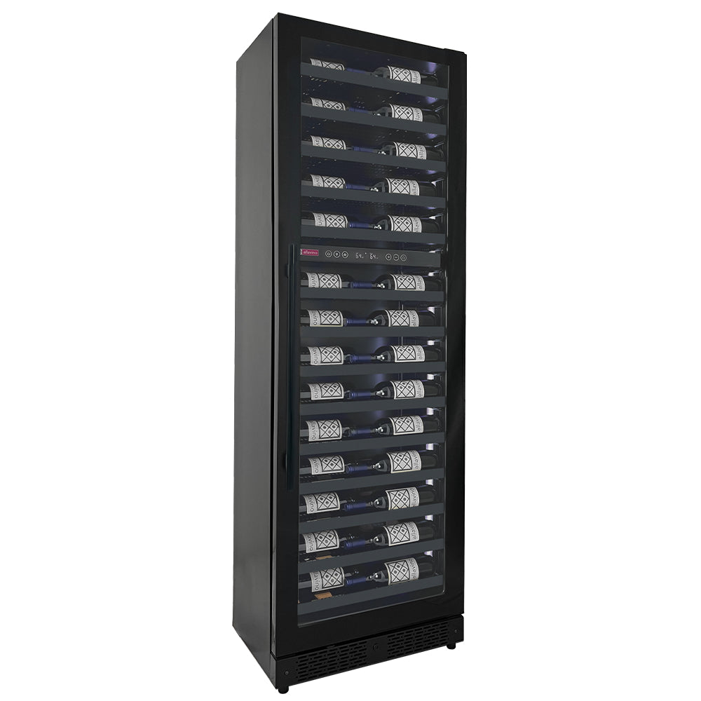 Reserva Series 67 Bottle Wine Refrigerator Console in black with dual cooling zones and customizable LED lighting, 71 inches tall.