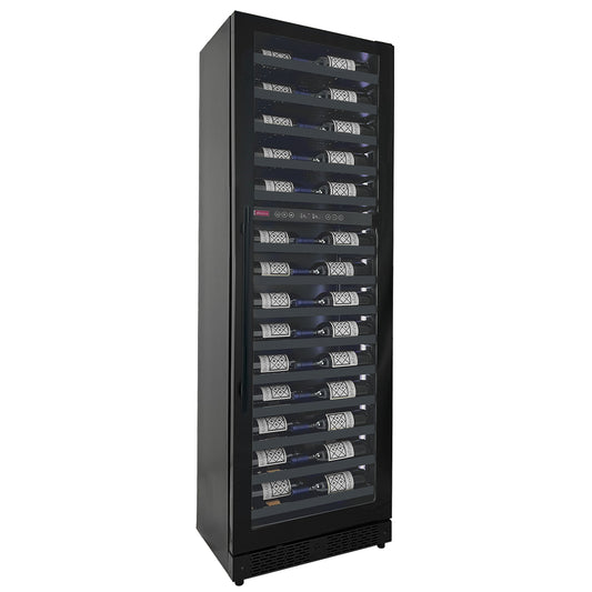 Reserva Series 67 Bottle Wine Refrigerator Console in black with dual cooling zones and customizable LED lighting, 71 inches tall.