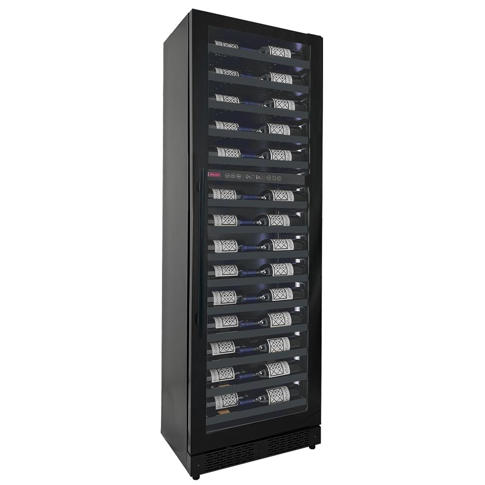 Allavino Reserva Series VSW6771D-2BL 67-bottle dual-zone wine refrigerator with black glass door and customizable LED lighting in a modern kitchen.