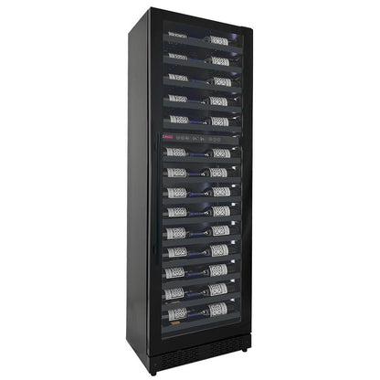 Allavino Reserva Series VSW6771D-2BL 67-bottle dual-zone wine refrigerator with black glass door and customizable LED lighting in a modern kitchen.