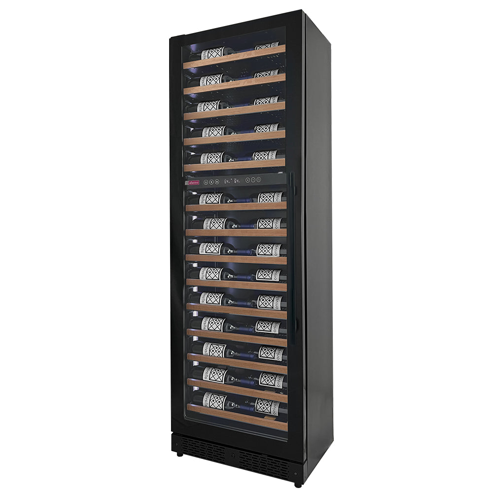 Side angle of the Reserva Series 71" Dual Zone Wine Refrigerator, highlighting its space-saving 16.8" depth.