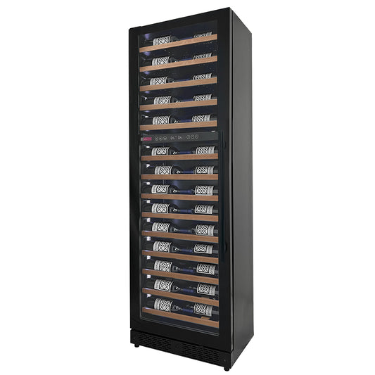 Side angle of the Reserva Series 71" Dual Zone Wine Refrigerator, highlighting its space-saving 16.8" depth.