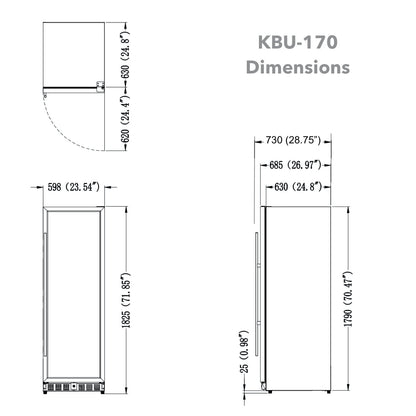 "Technical drawing of KingsBottle wine cooler with detailed dimensions for built-in installation, showing necessary clearance on all sides."