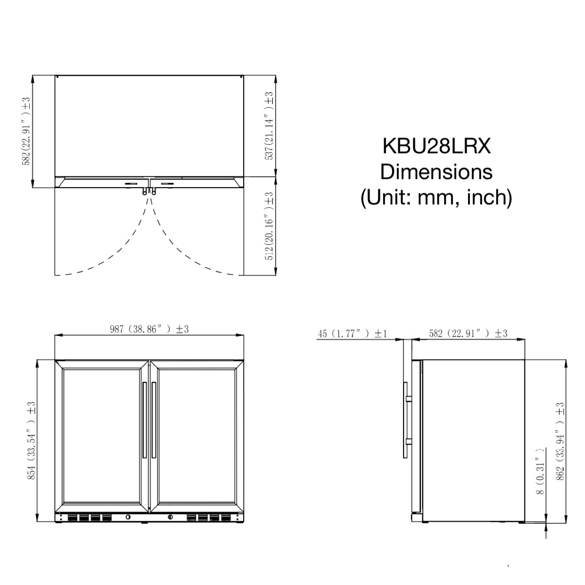 Technical drawing of the 39" wine and beer cooler with dimensions, providing precise measurements for installation, including the 38.8" width, 23.2" depth, and 34" height.