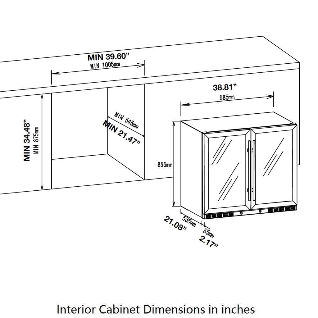 Technical drawing of the 39" wine and beer cooler with dimensions, providing precise measurements for installation, including the 38.8" width, 23.2" depth, and 34" height.