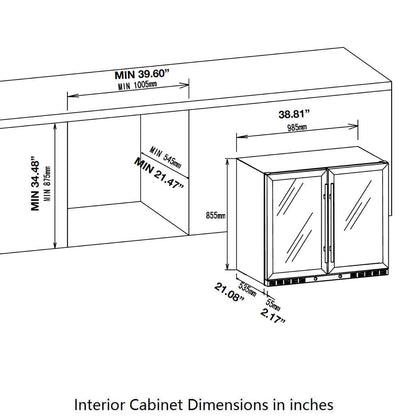 Technical drawing of the 39" wine and beer cooler with dimensions, providing precise measurements for installation, including the 38.8" width, 23.2" depth, and 34" height.