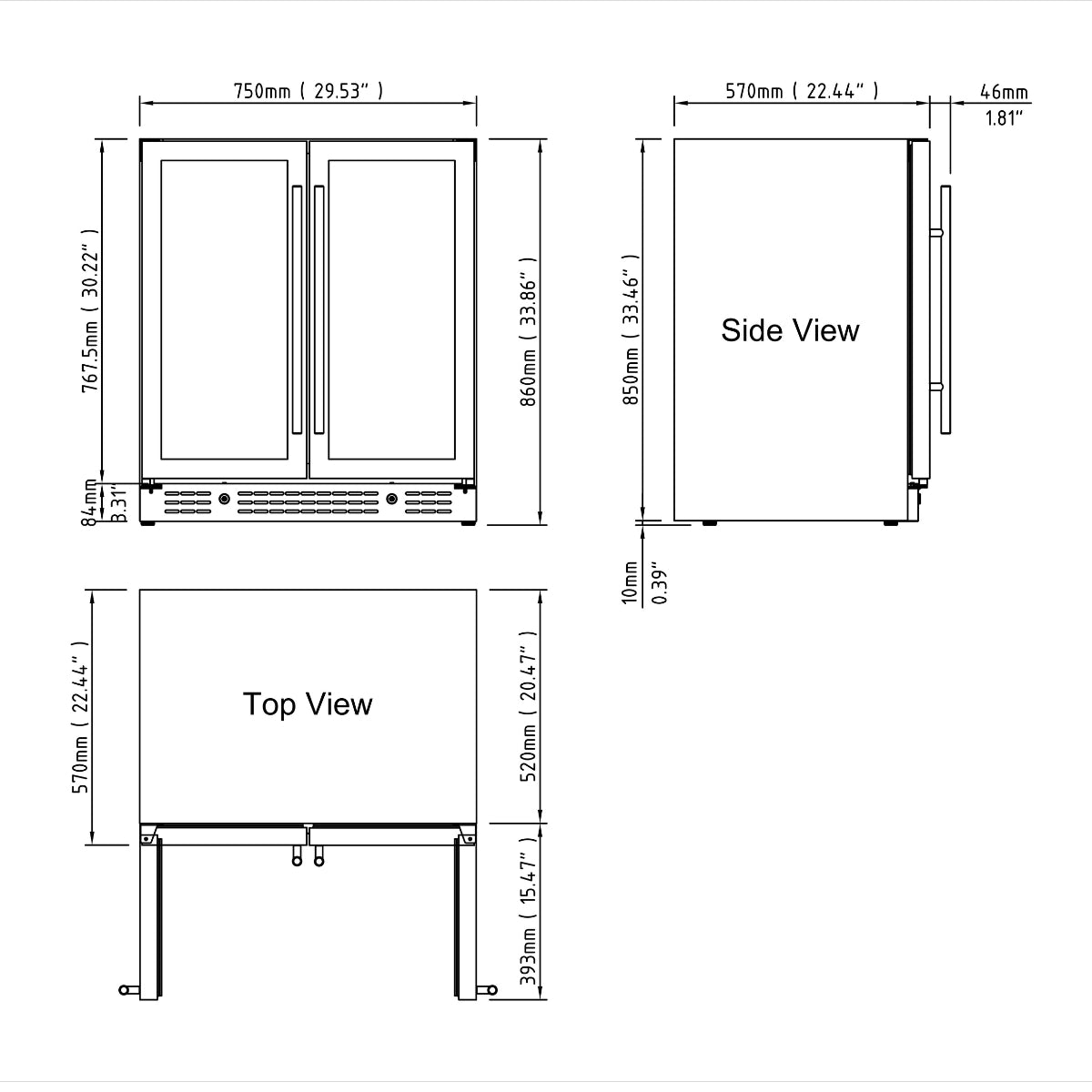 Technical drawing of the 30" beer and wine cooler, illustrating the detailed dimensions and installation clearances.