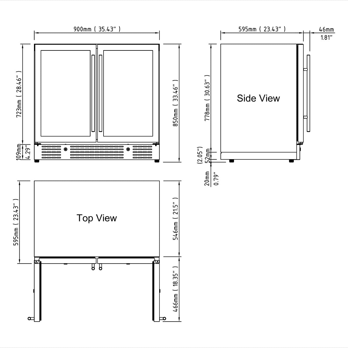 Drawing showing dimensions of 35.43 inches wide, 23.43 inches deep, and 33.46 inches tall.