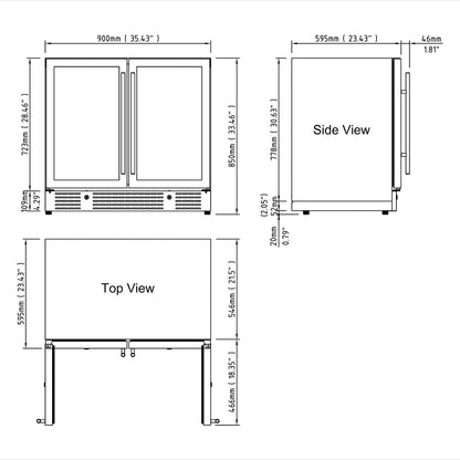 Drawing showing dimensions of 35.43 inches wide, 23.43 inches deep, and 33.46 inches tall.