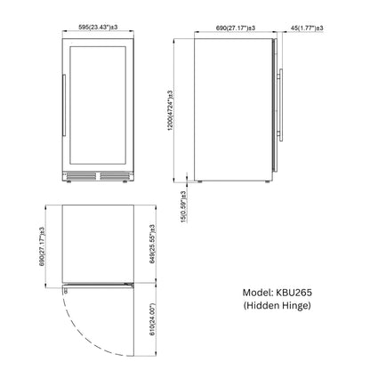 KingsBottle 47" Tall Single Zone Wine Cooler – Low-E Glass Door, Stainless Steel, Right Hinge