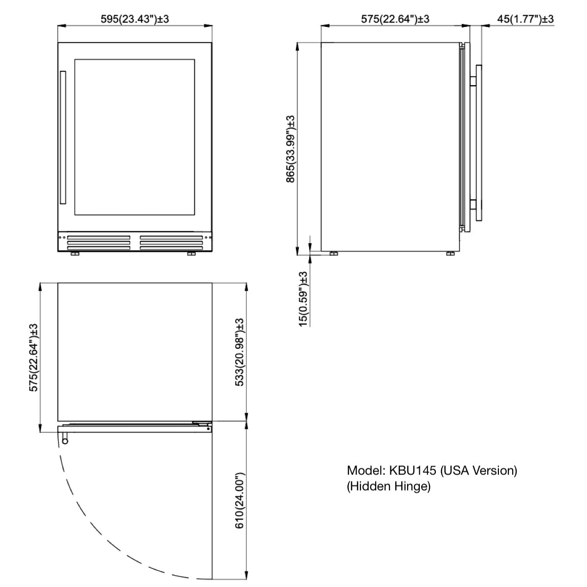 Drawing showing the dimensions of the KingsBottle KBU145WX.