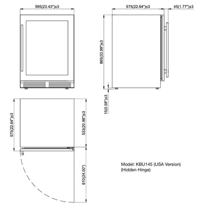 Drawing showing the dimensions of the KingsBottle KBU145WX.