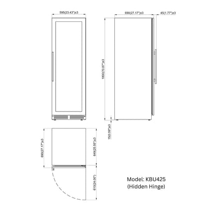 "Technical drawing of the KingsBottle wine cooler with precise dimensions, showcasing its 23.42” width, 27.36” depth, and 70.86” height for installation planning."