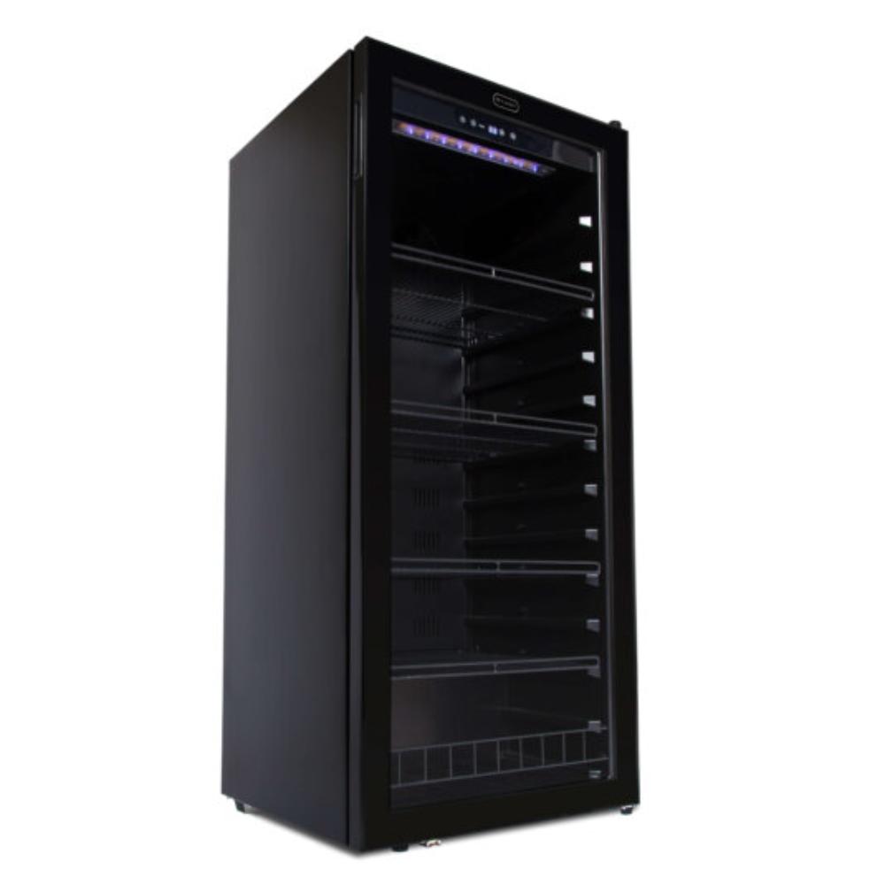 Black wine cooler with glass door on a white background