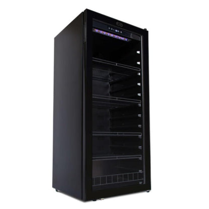 Black wine cooler with glass door on a white background