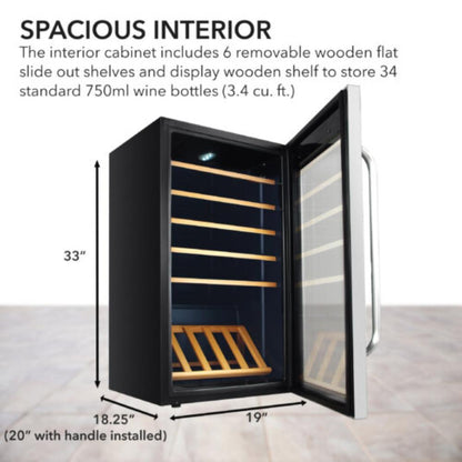 Whynter 34-Bottle Single Zone, Right Hinge, Freestanding Stainless Steel Wine Refrigerator with Display Shelf - 19"