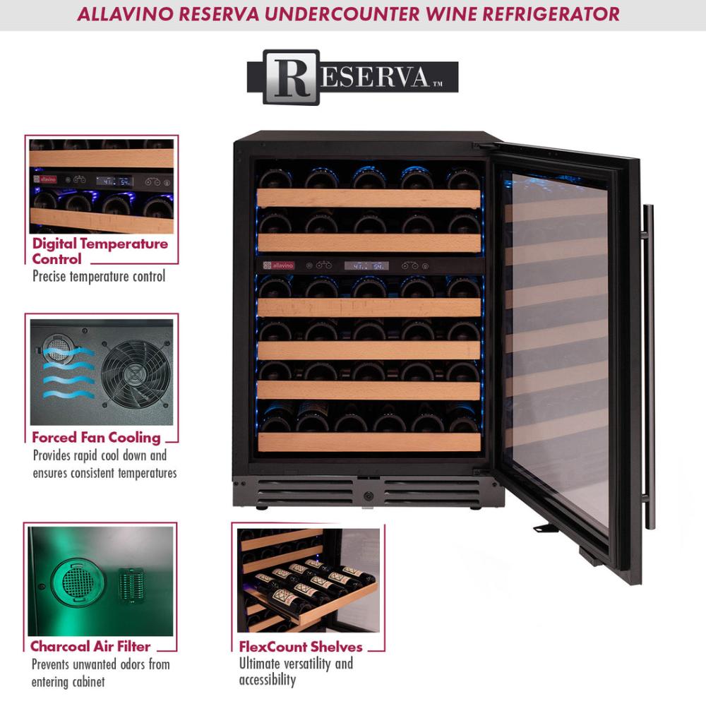 Allavino 50-Bottle Dual Zone Undercounter Wine Cooler – Black Glass Door, Right Hinge | Reserva Series