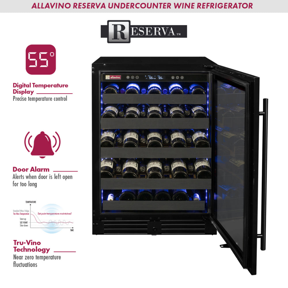 Allavino Reserva Series 50 Bottle Single Zone Built-In Luxury Wine Refrigerator - Black Stainless Steel Door, Right Hinge