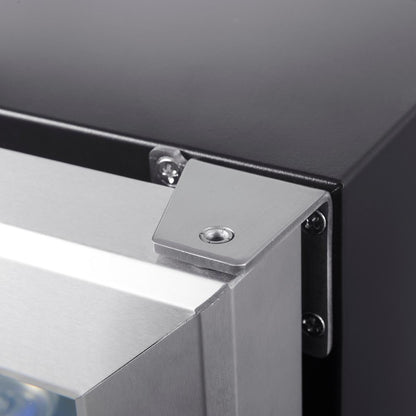 Close-up view of the hinge on the 30" cooler door, highlighting the quality stainless steel construction.