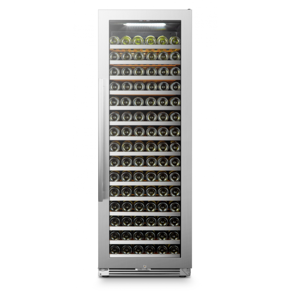 LanboPro 164 Bottle Single Zone Wine Cooler with stainless steel door and wooden shelves.