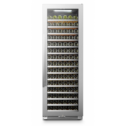 LanboPro 164 Bottle Single Zone Wine Cooler with stainless steel door and wooden shelves.