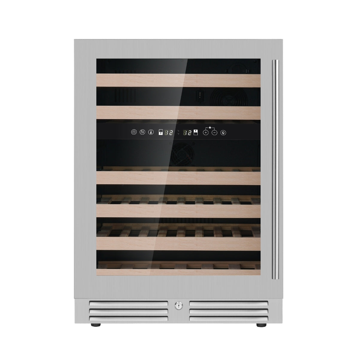 Front view of KingsBottle KBU145DX under-counter wine cooler with stainless steel trim and dual temperature zones.