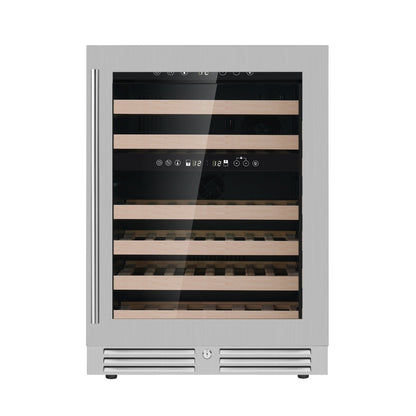 KingsBottle 44 Bottle Dual Zone Wine Cooler with stainless steel door and wooden shelves.