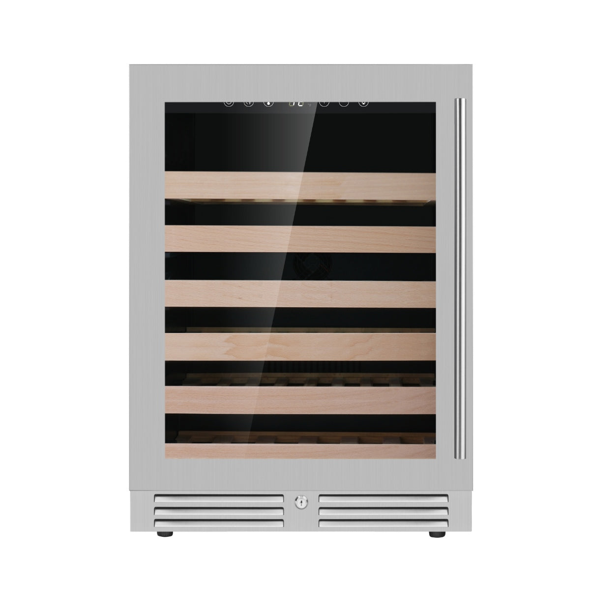 "Elegant 24-inch single zone wine cooler with stainless steel trim and Low-E glass door."