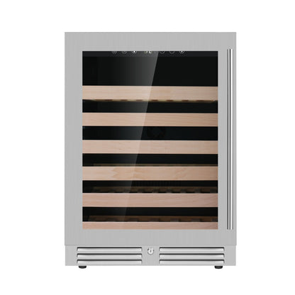 "Elegant 24-inch single zone wine cooler with stainless steel trim and Low-E glass door."