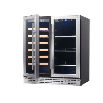 Front view of the dual-zone beer and wine cooler, with a digital temperature display showing separate temperatures for each compartment.