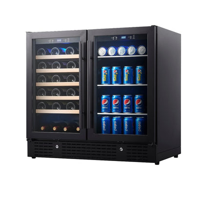 Front view of KingsBottle 36" beer and wine cooler with sleek Low-E glass door and black frame.