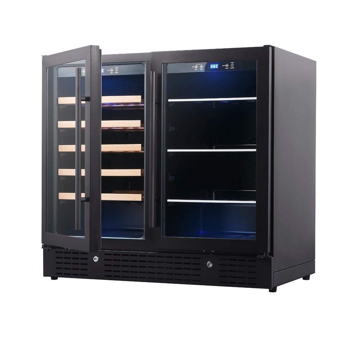 Opened Low-E glass door of KingsBottle beer and wine cooler with UV protection and spacious interior.