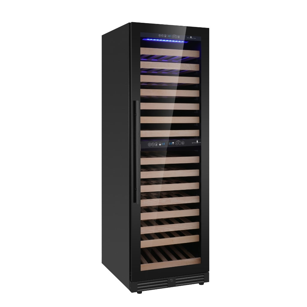 Front view of the KingsBottle Dual Zone Wine Cooler with sleek borderless black glass door, storing up to 159 wine bottles.