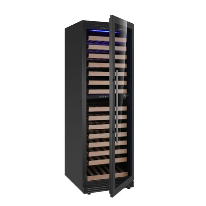 Interior shot of the KingsBottle Wine Cooler, showcasing 15 beech wooden shelves for assorted wine bottles.